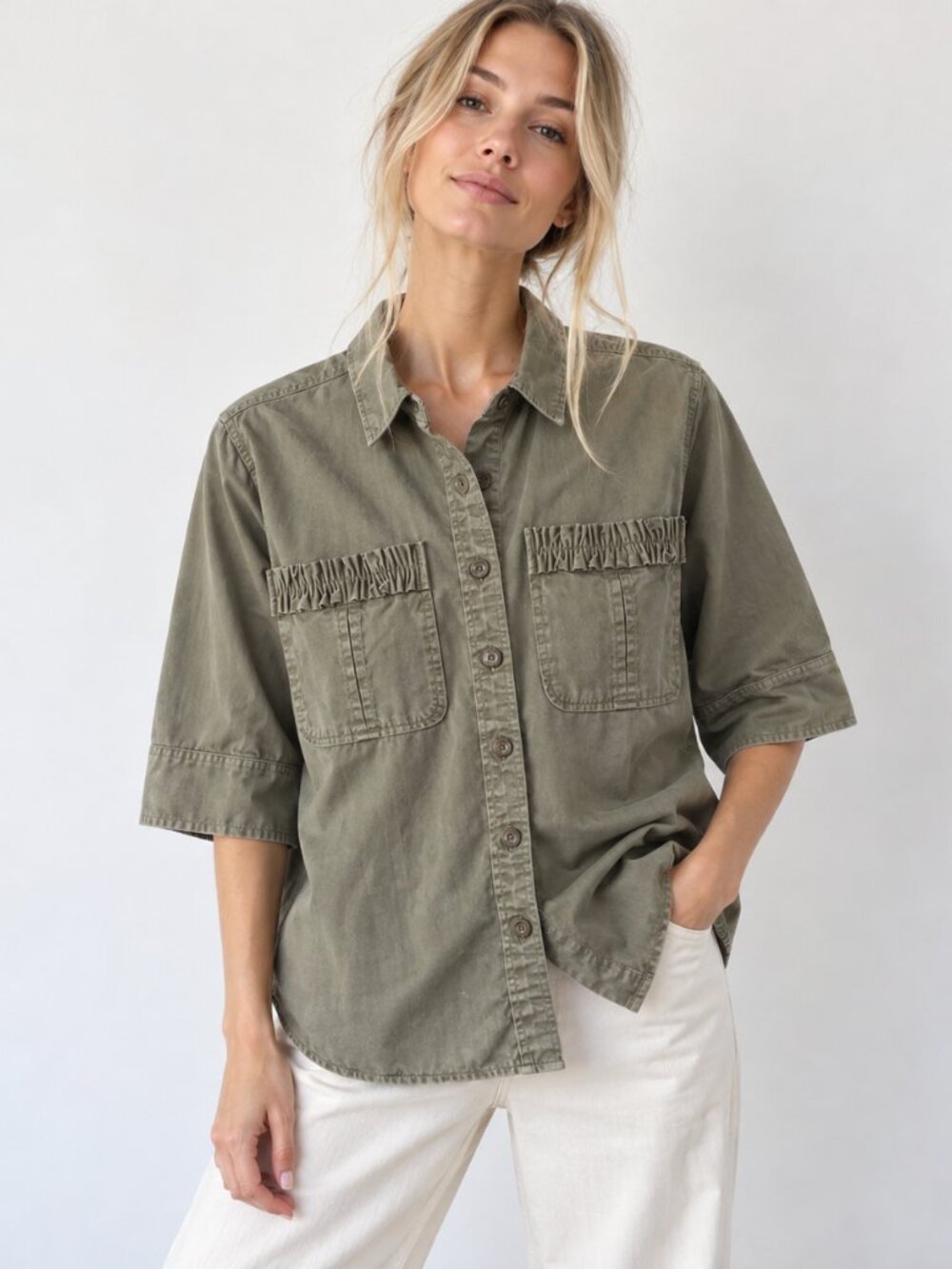 J. Crew Olive Green Cotton Ruffle Pocket Utility Button Down Shirt Safari Size 6